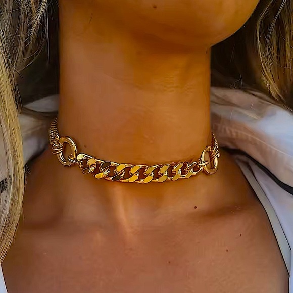 Gold Chain Link O Ring Choker Necklace Statement Cuban Chain Link Gold Plated. - Picture 5 of 9